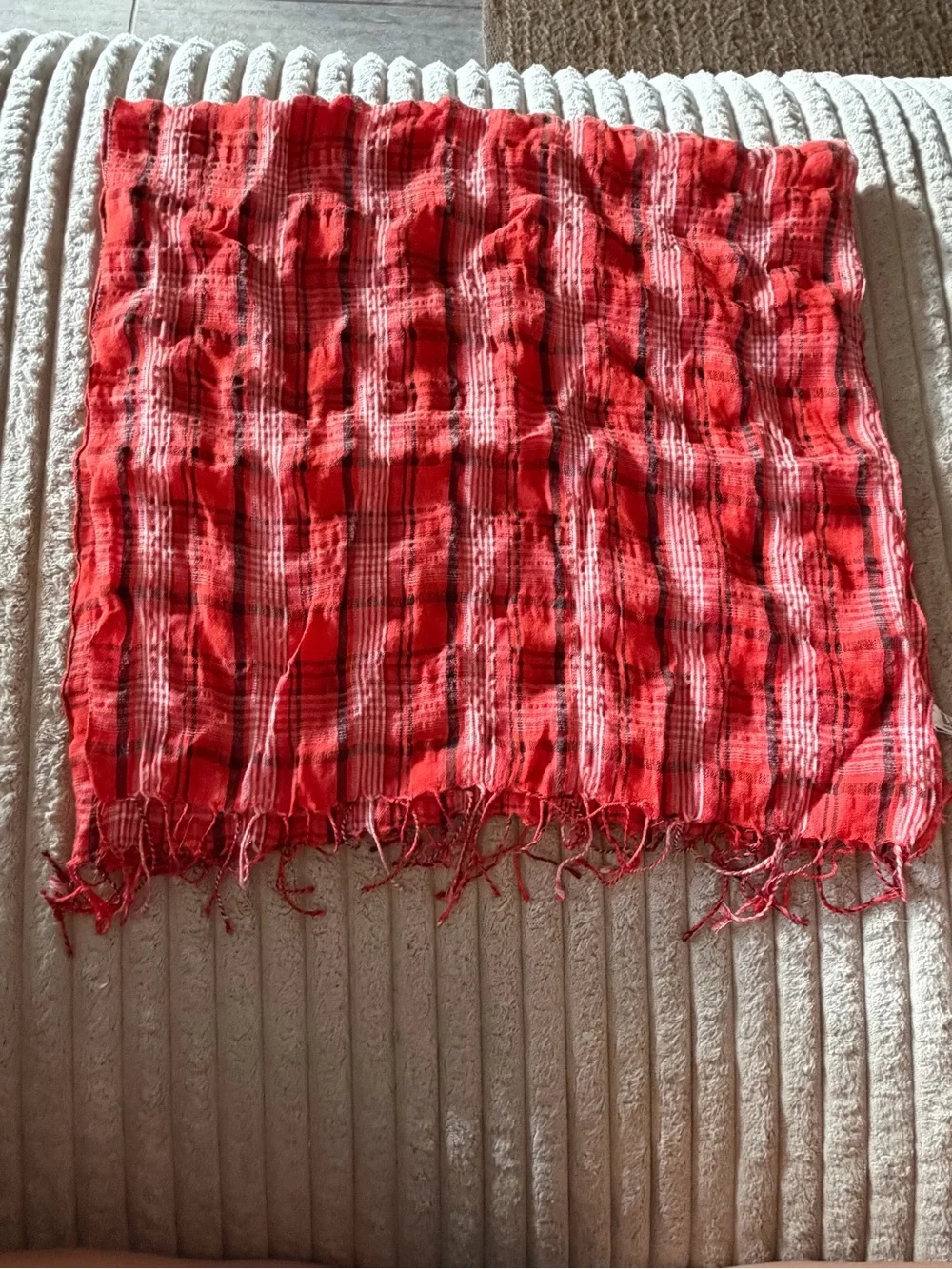 Vintage Italca Italy Red Plaid Fringed Scarf - Linen Viscose Blend